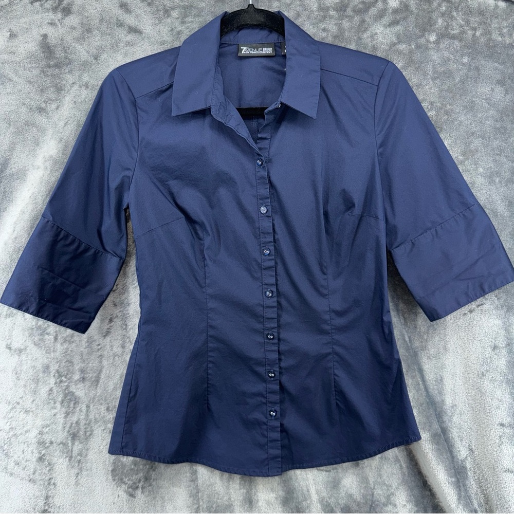 New York & Company  Navy Blue Collared Button Down 3/4 Sleeve Shirt Size XS